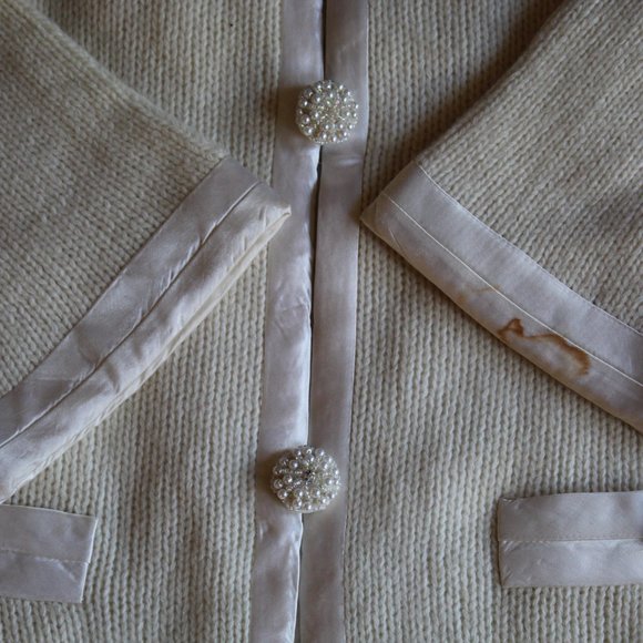 Vintage Millay Ivory Lambswool Angora Satin Cardigan Button Sweater Womens S - Picture 11 of 16